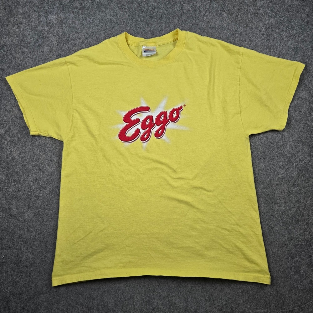 Vintage Eggo Shirt Mens Large Yellow Kellogg Breakfast Food Promo Graphic Hanes